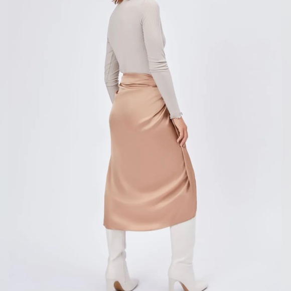 Satin Tie Front Slit Midi Skirt - Khaki - Picture 8 of 8